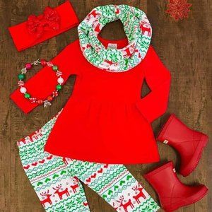 NEW Girl's Christmas Reindeer 3 Piece Scarf Outfit